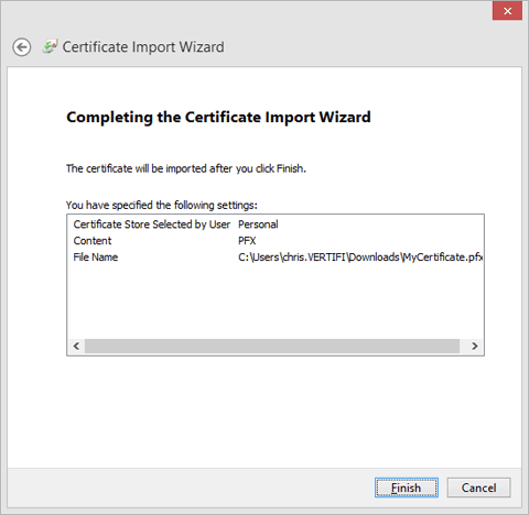 The final Certificate Import Wizard screen